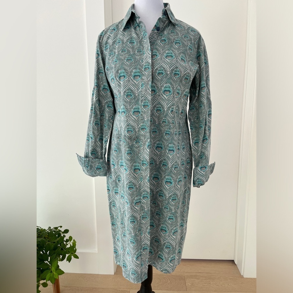TONALA Peacock Print 100% Cotton Button Front Shirt Dress Long Sleeve Cuff Chic